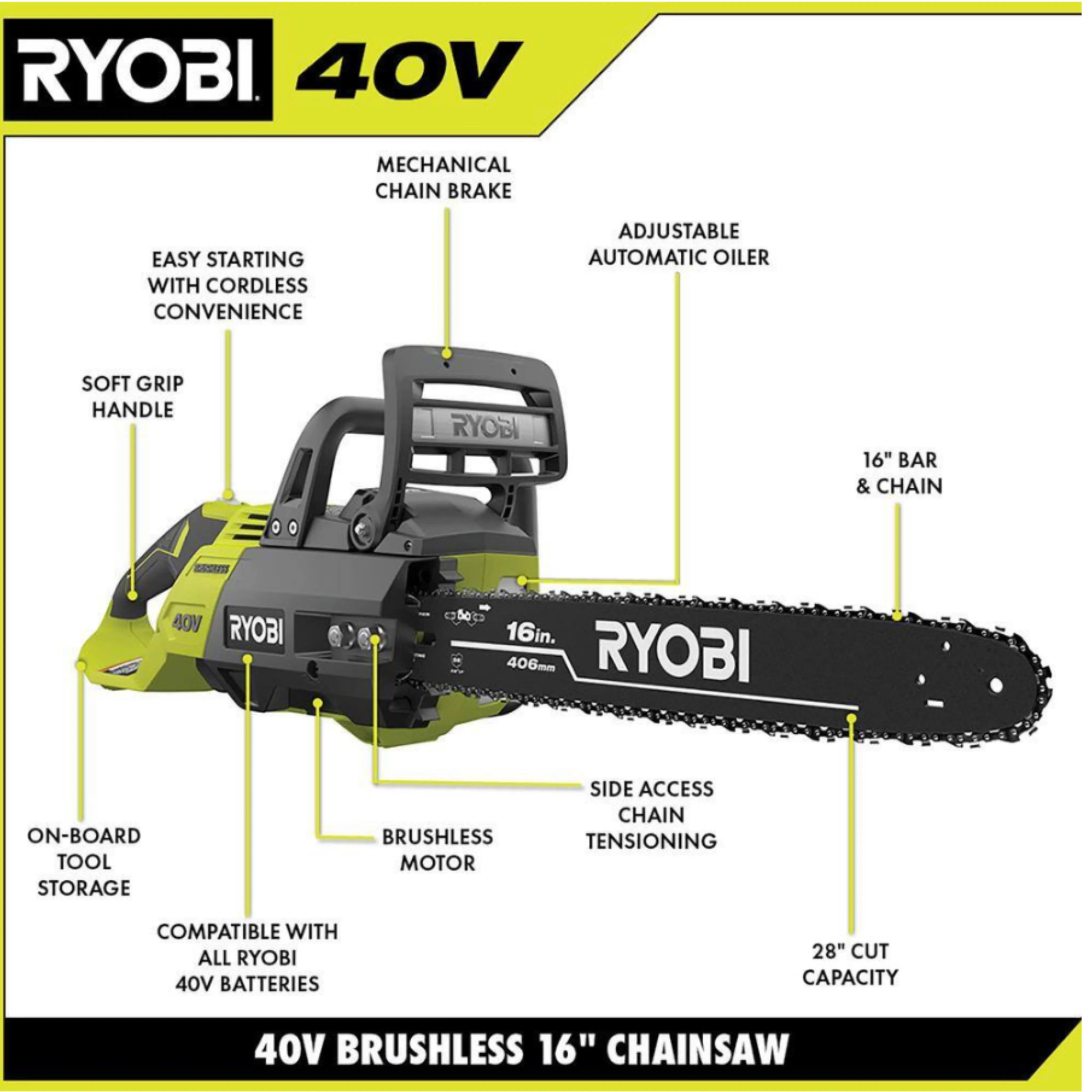 16 in. 40-Volt Lithium-Ion Brushless Electric Cordless Chainsaw (Tool Only)