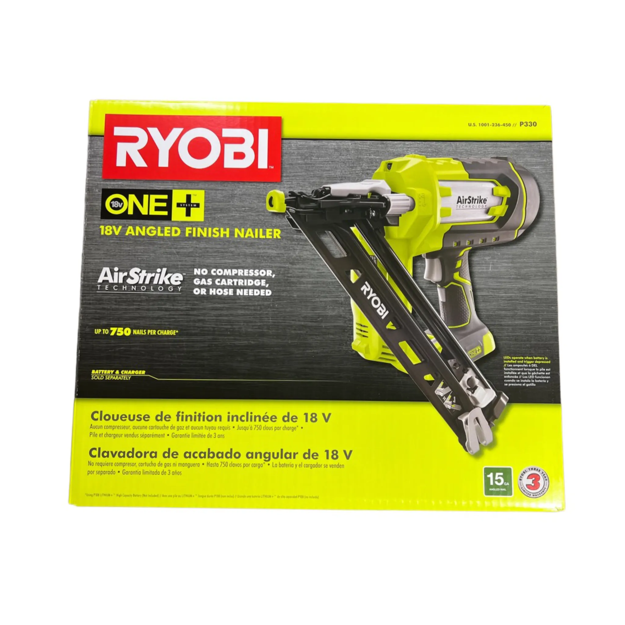 18-Volt ONE  Lithium-Ion Cordless AirStrike 15-Gauge Angled Finish Nailer (Tool Only)