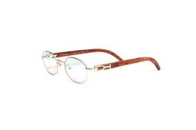 18KT Gold & Brown Wood Oval Sunglasses, Gradient Blue/Pink Lenses