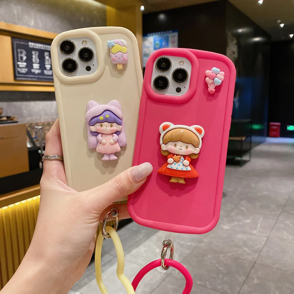 Cute Girl Cartoon 3D Princess Colored TPU (Soft) Phone Case with Heart Shape Bracelet - iPhone 14