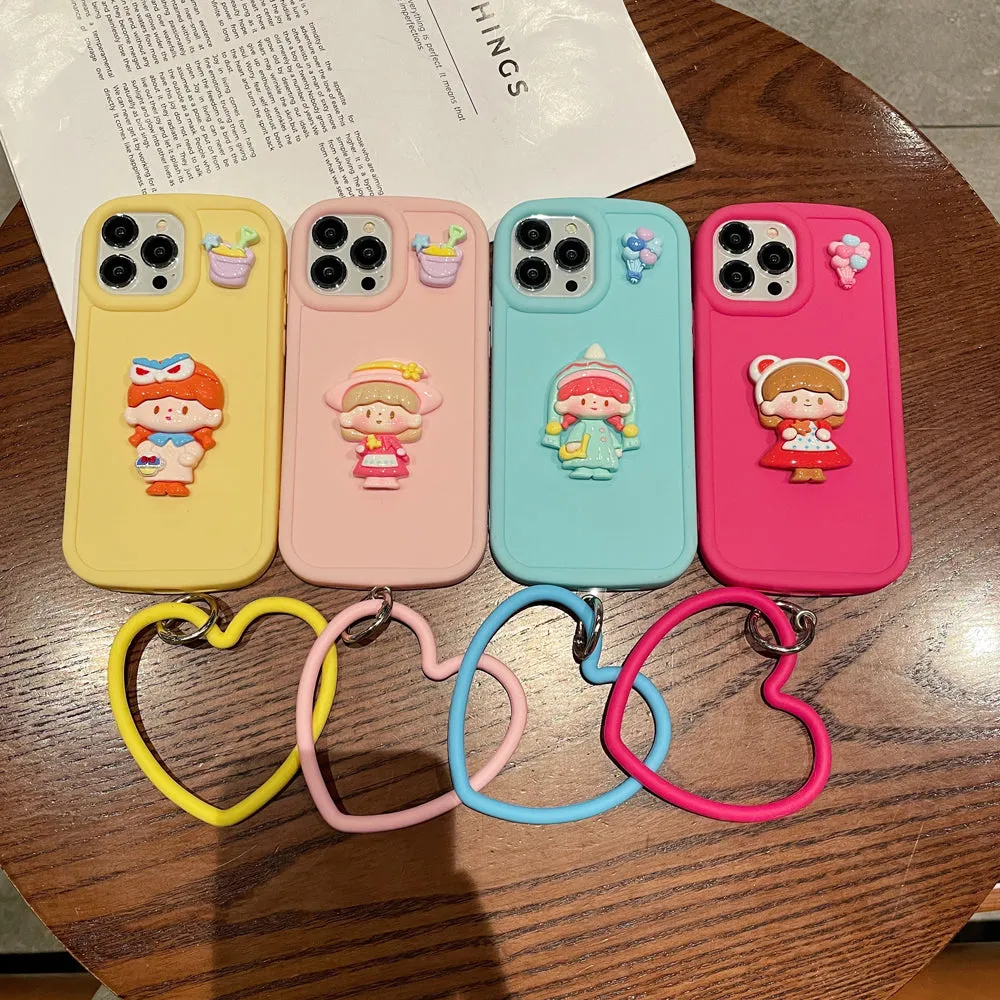 Cute Girl Cartoon 3D Princess Colored TPU (Soft) Phone Case with Heart Shape Bracelet - iPhone 14