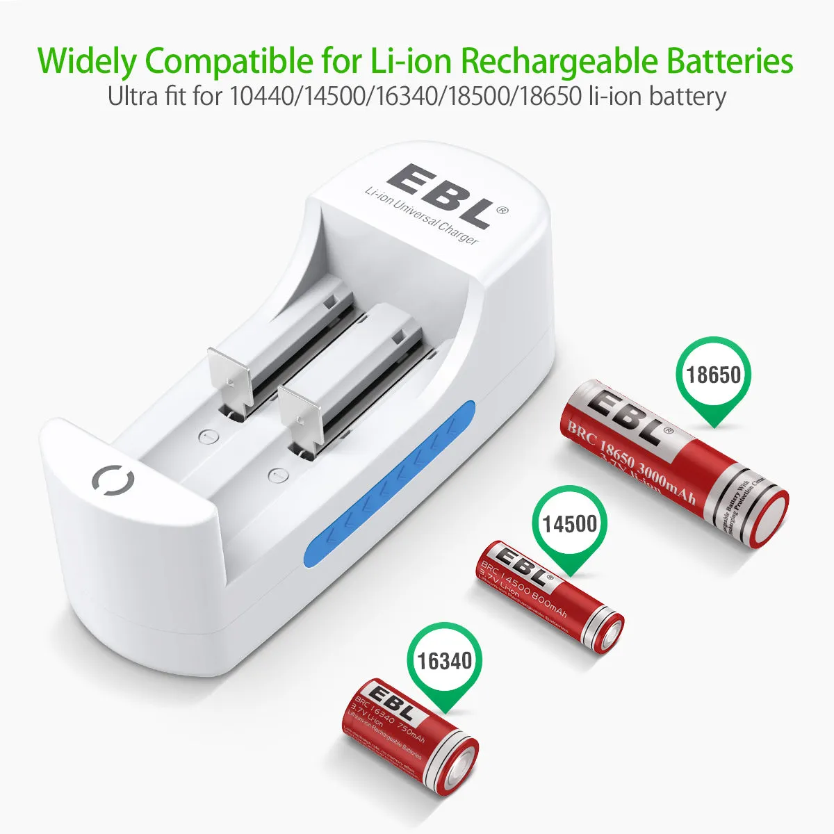 EBL 3.7V 3000mAh 18650 Rechargeable Batteries with 839 Lithium Battery Charger