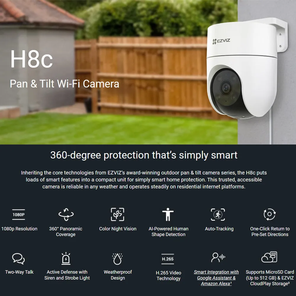 Ezviz H8C 1080P/ H8C 2K⁺ 1440P 4MP Pan & Tilt Rotate 360° Outdoor Smart Color Night Vision, Two Way Talk Wi-Fi Camera