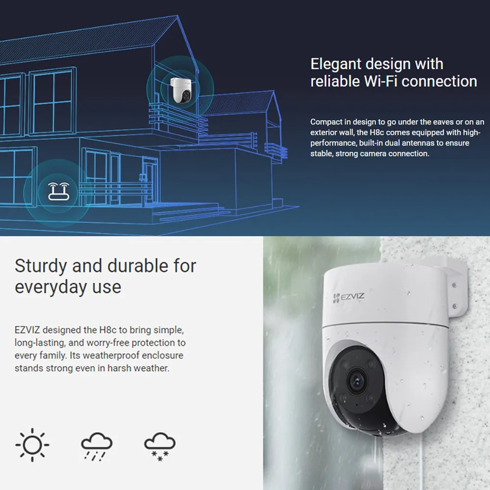 Ezviz H8C 1080P/ H8C 2K⁺ 1440P 4MP Pan & Tilt Rotate 360° Outdoor Smart Color Night Vision, Two Way Talk Wi-Fi Camera