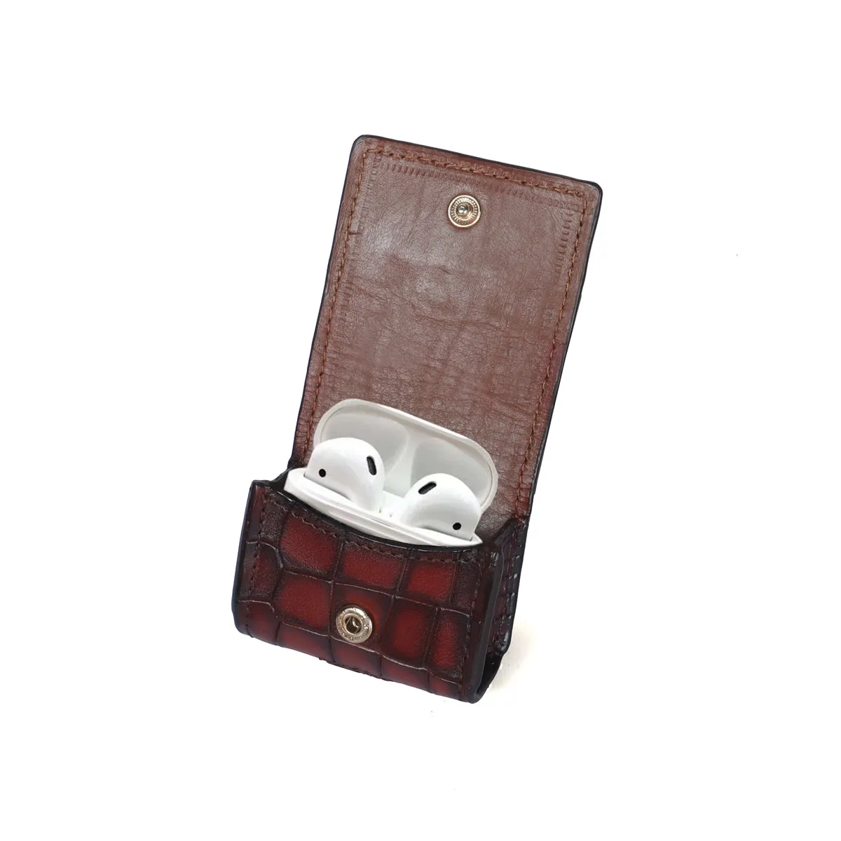 Flap-over Air-pods Pro Carrying Case in Cognac Smokey Deep Cut Textured Leather