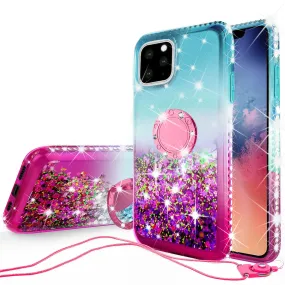 Glitter Phone Case Kickstand Compatible for Apple iPhone 12 Pro Case, iPhone 12 Pro Case,Ring Stand Liquid Floating Quicksand Bling Sparkle Protective Girls Women for Apple iPhone 12 Pro W/Temper Glass - (Teal/Pink Gradient)