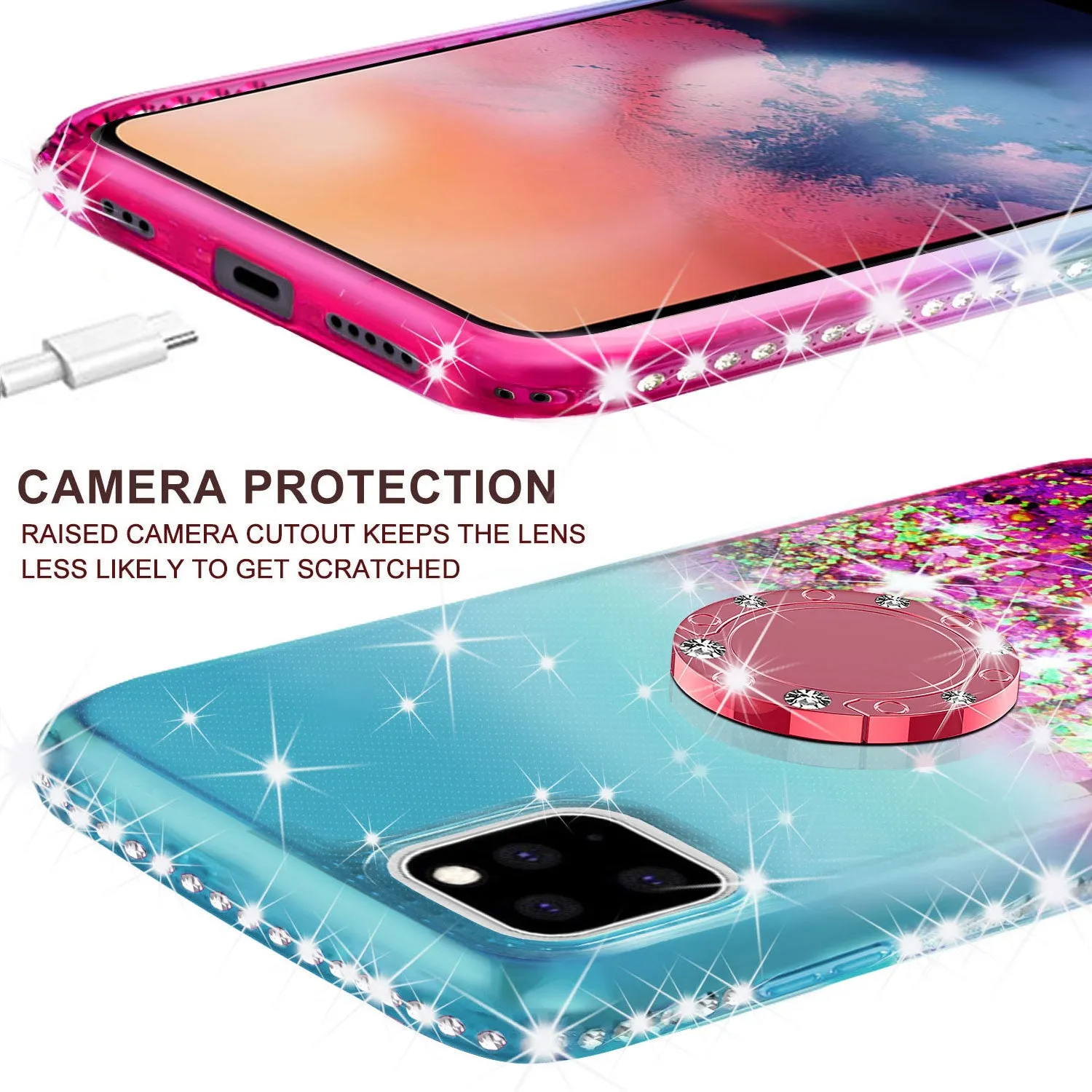 Glitter Phone Case Kickstand Compatible for Apple iPhone 12 Pro Case, iPhone 12 Pro Case,Ring Stand Liquid Floating Quicksand Bling Sparkle Protective Girls Women for Apple iPhone 12 Pro W/Temper Glass - (Teal/Pink Gradient)