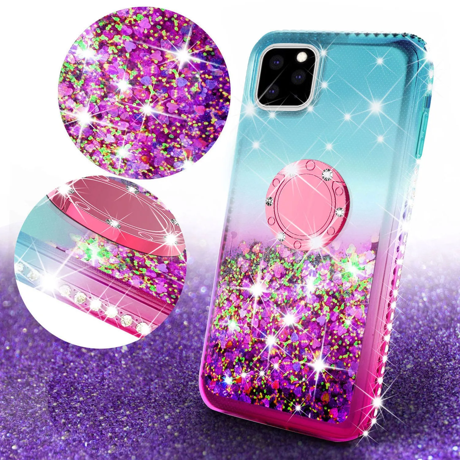 Glitter Phone Case Kickstand Compatible for Apple iPhone 12 Pro Case, iPhone 12 Pro Case,Ring Stand Liquid Floating Quicksand Bling Sparkle Protective Girls Women for Apple iPhone 12 Pro W/Temper Glass - (Teal/Pink Gradient)