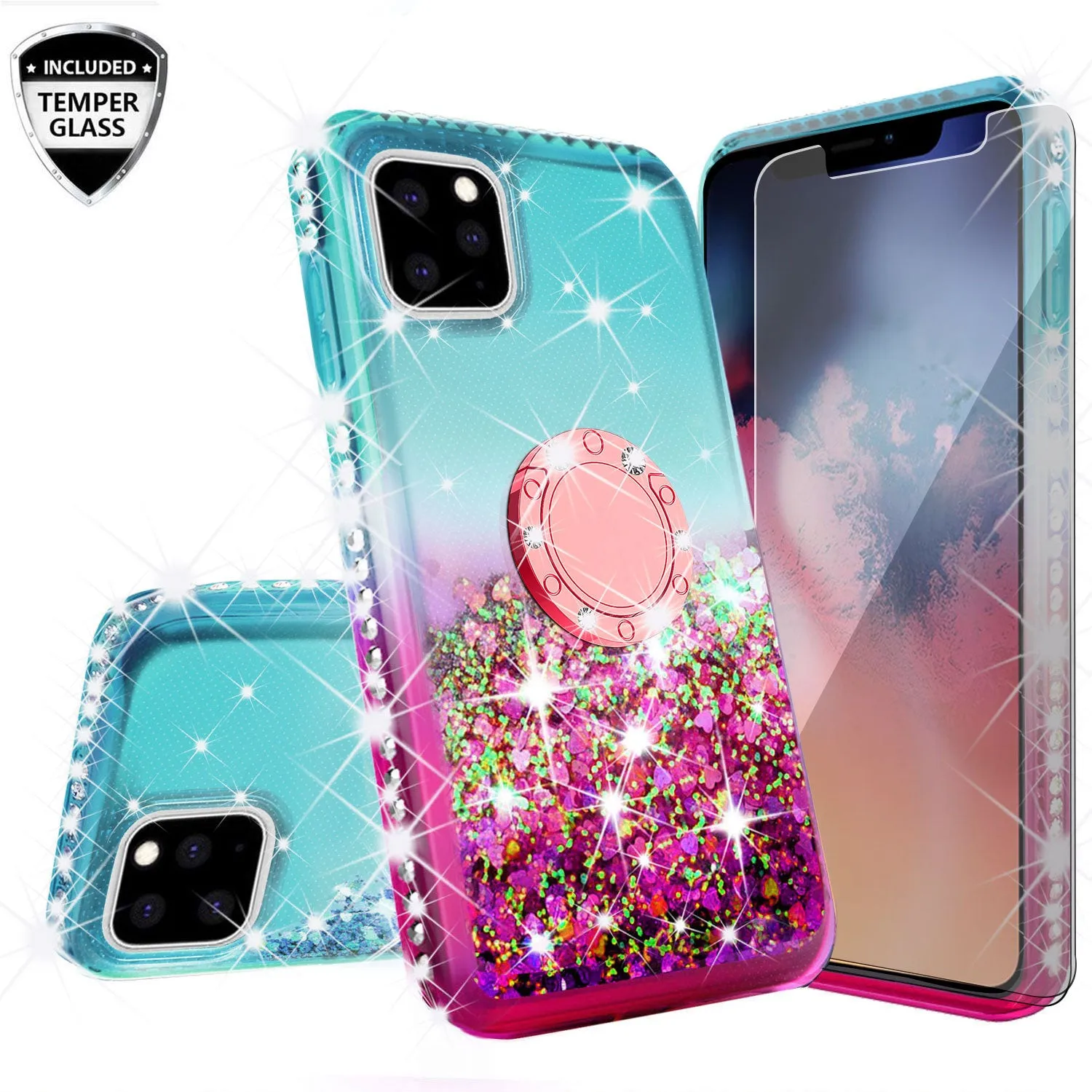 Glitter Phone Case Kickstand Compatible for Apple iPhone 12 Pro Case, iPhone 12 Pro Case,Ring Stand Liquid Floating Quicksand Bling Sparkle Protective Girls Women for Apple iPhone 12 Pro W/Temper Glass - (Teal/Pink Gradient)