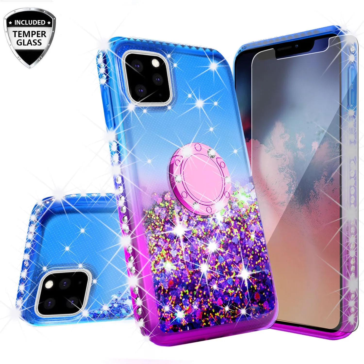 Glitter Phone Case Kickstand Compatible for Apple iPhone 13 Pro Case, iPhone 13 Pro Case,Ring Stand Liquid Floating Quicksand Bling Sparkle Protective Girls Women for Apple iPhone 13 Pro W/Temper Glass - (Blue/Purple Gradient)