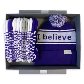 I believe™ purple knit beanie   7 pairs of socks in a keepsake box