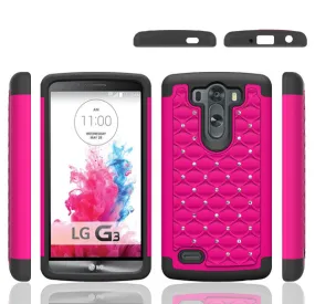 LG G3 s | LG G3 mini | LG G3 Beat | LG G3 Vigor | LG D725 | LG D722 Rhinestone Case , Slim Hybrid Dual Layer[Shock Resistant] Crystal Rhinestone Studded Case Cover - Hot Pink/Black