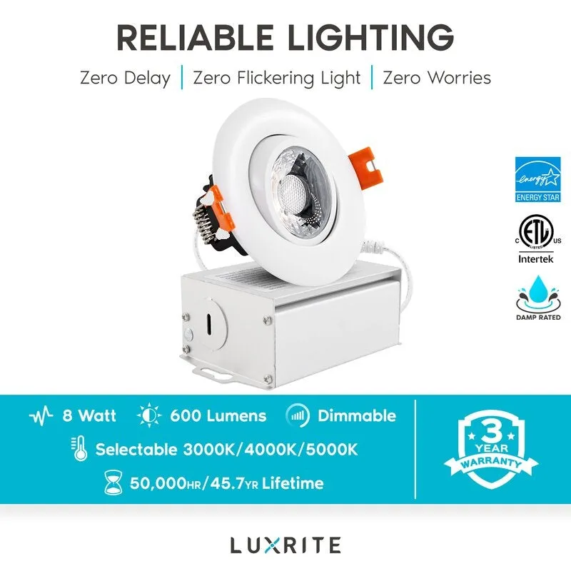 Luxrite LR23246 - 3 Inch Recessed Gimbal LED Downlight - 8 Watt - 600 Lumens - 3CCT Select - Dimmable - 40 Degree - 120 Volt