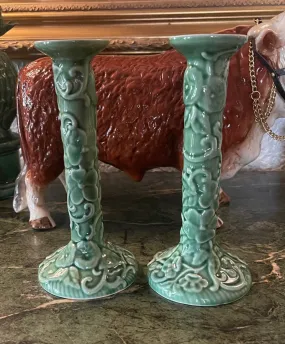 Pair of Embossed Green Majolica Candleholders Pinheiro Bordallo