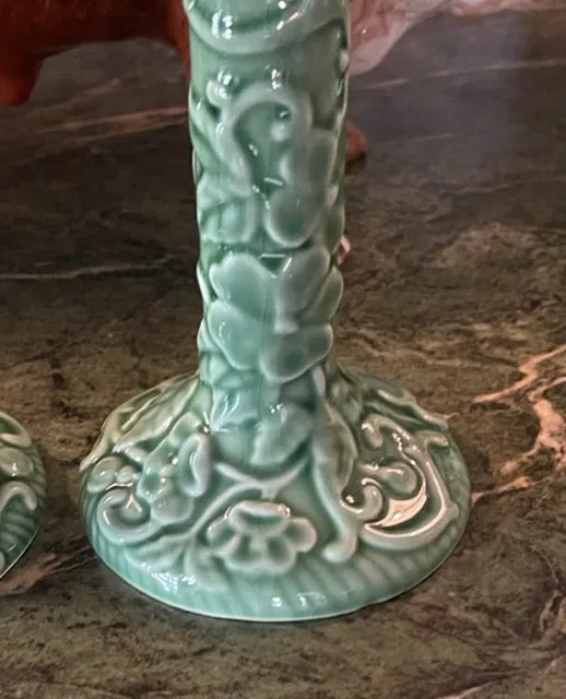 Pair of Embossed Green Majolica Candleholders Pinheiro Bordallo