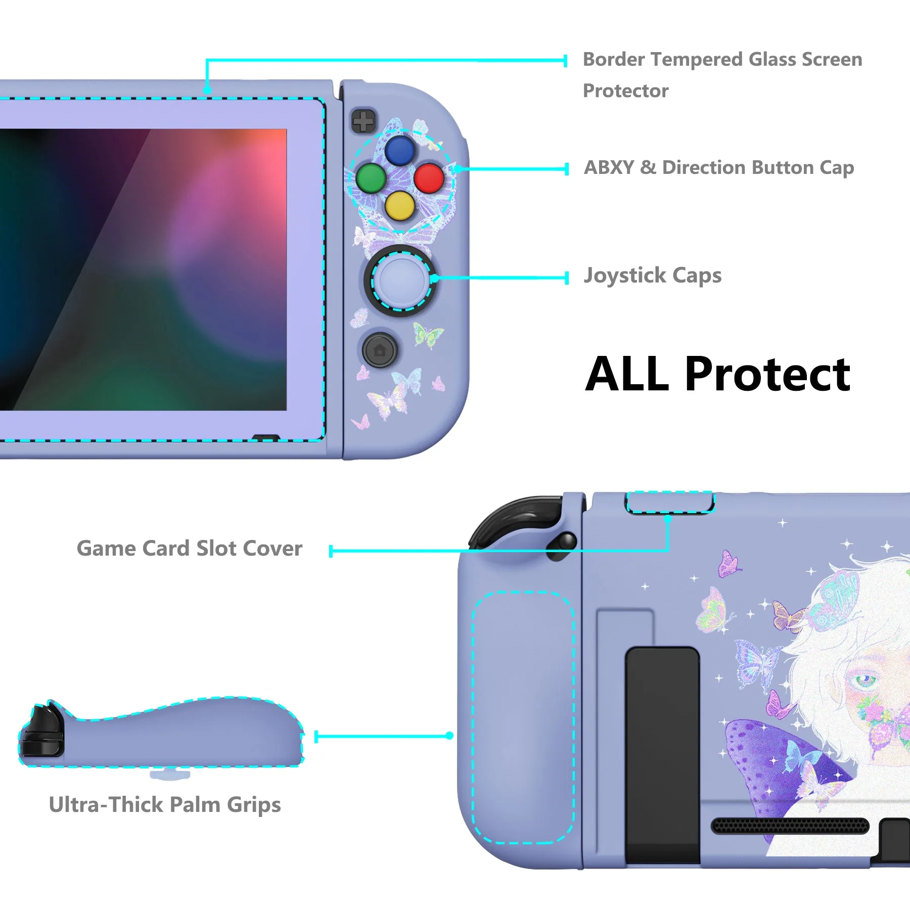 PlayVital ZealProtect Soft Protective Case for Nintendo Switch, Flexible Cover Protector for Nintendo Switch with Tempered Glass Screen Protector & Thumb Grip Caps & ABXY Direction Button Caps - Butterfly Fairy - RNSYV6031