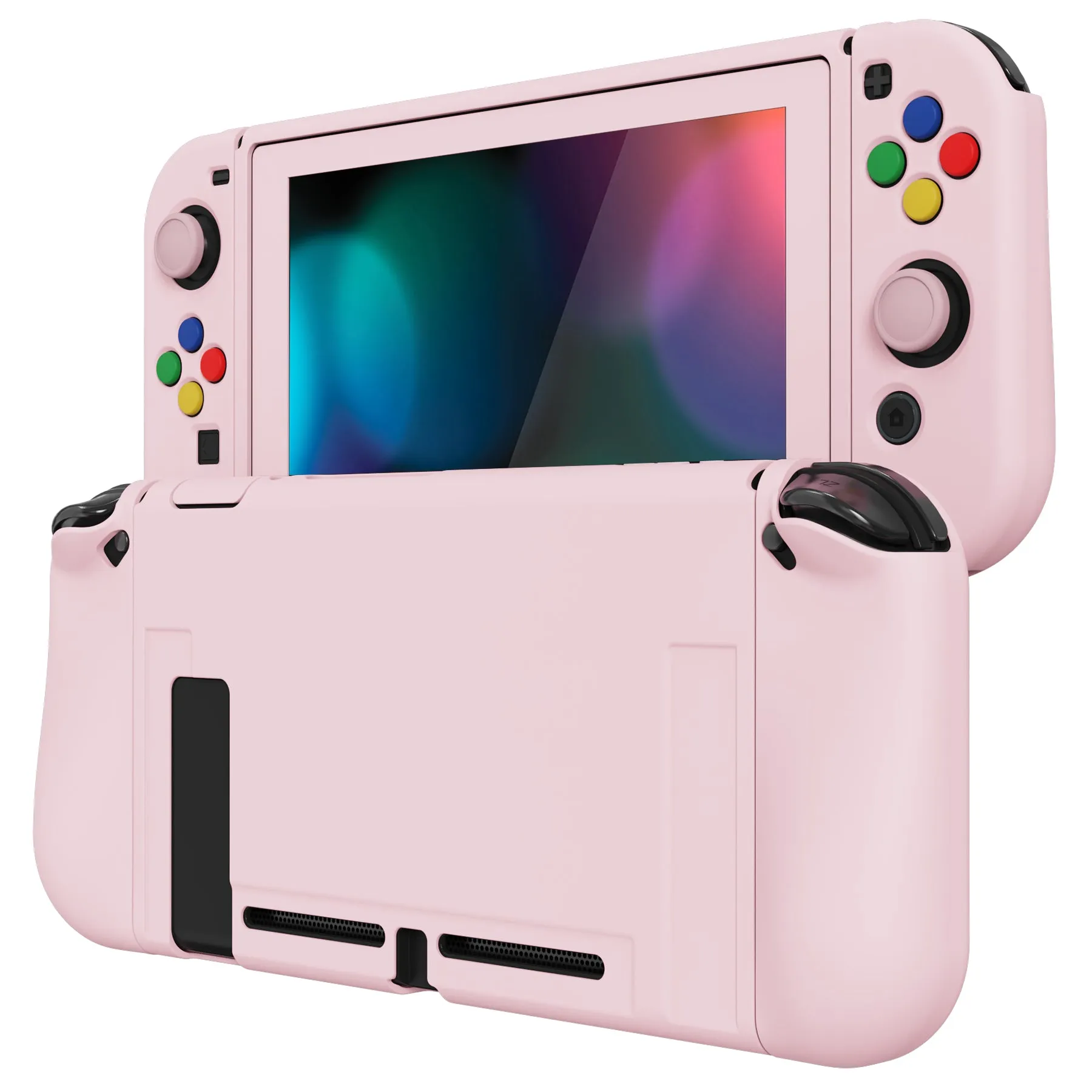 PlayVital ZealProtect Soft Protective Case for Nintendo Switch, Flexible Cover Protector for Nintendo Switch with Tempered Glass Screen Protector & Thumb Grip Caps & ABXY Direction Button Caps - Cherry Blossoms Pink - RNSYM5002