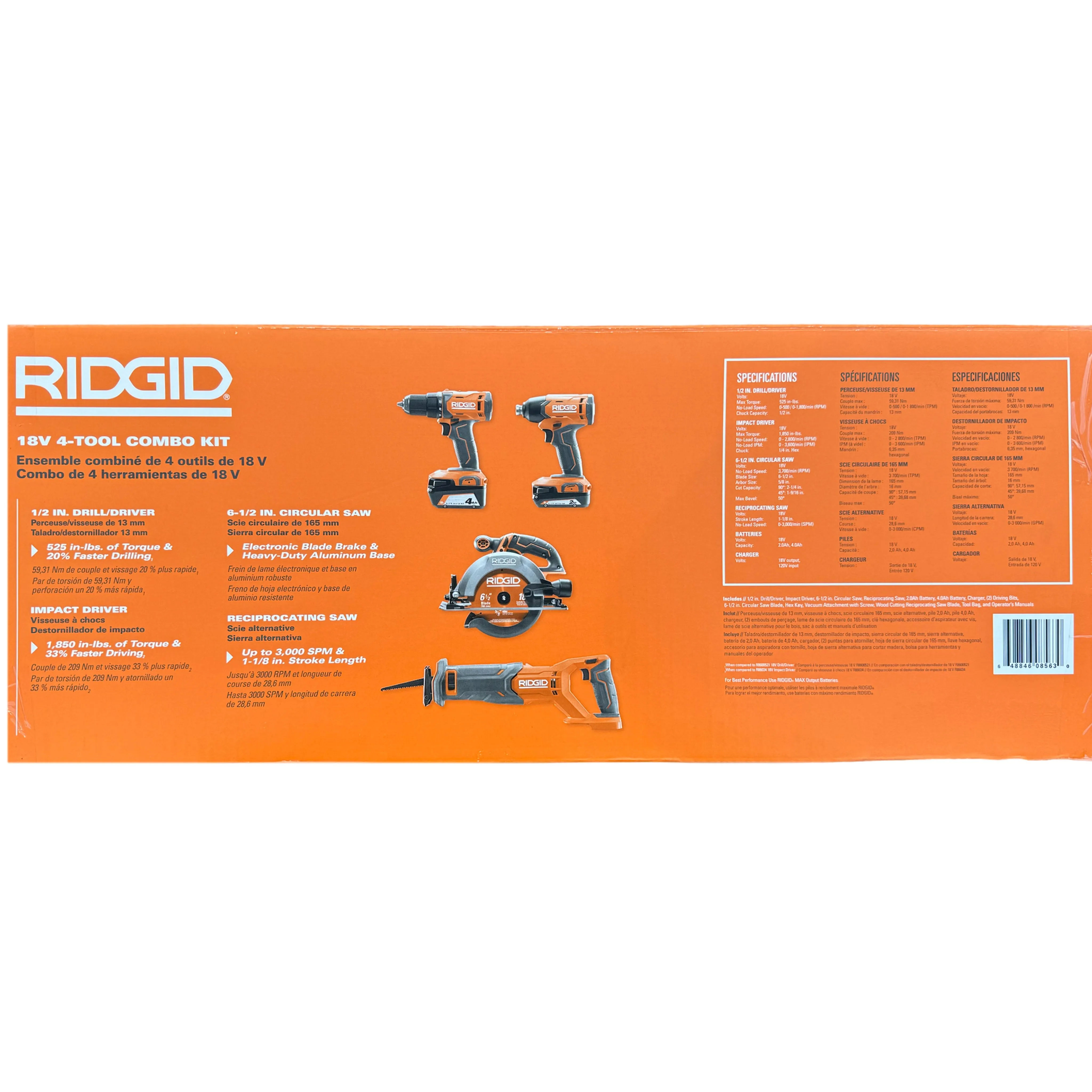 RIDGID 18V Cordless 4-Tool Combo Kit with (1) 4.0 Ah Battery, (1) 2.0 Ah Battery, Charger, and Bag