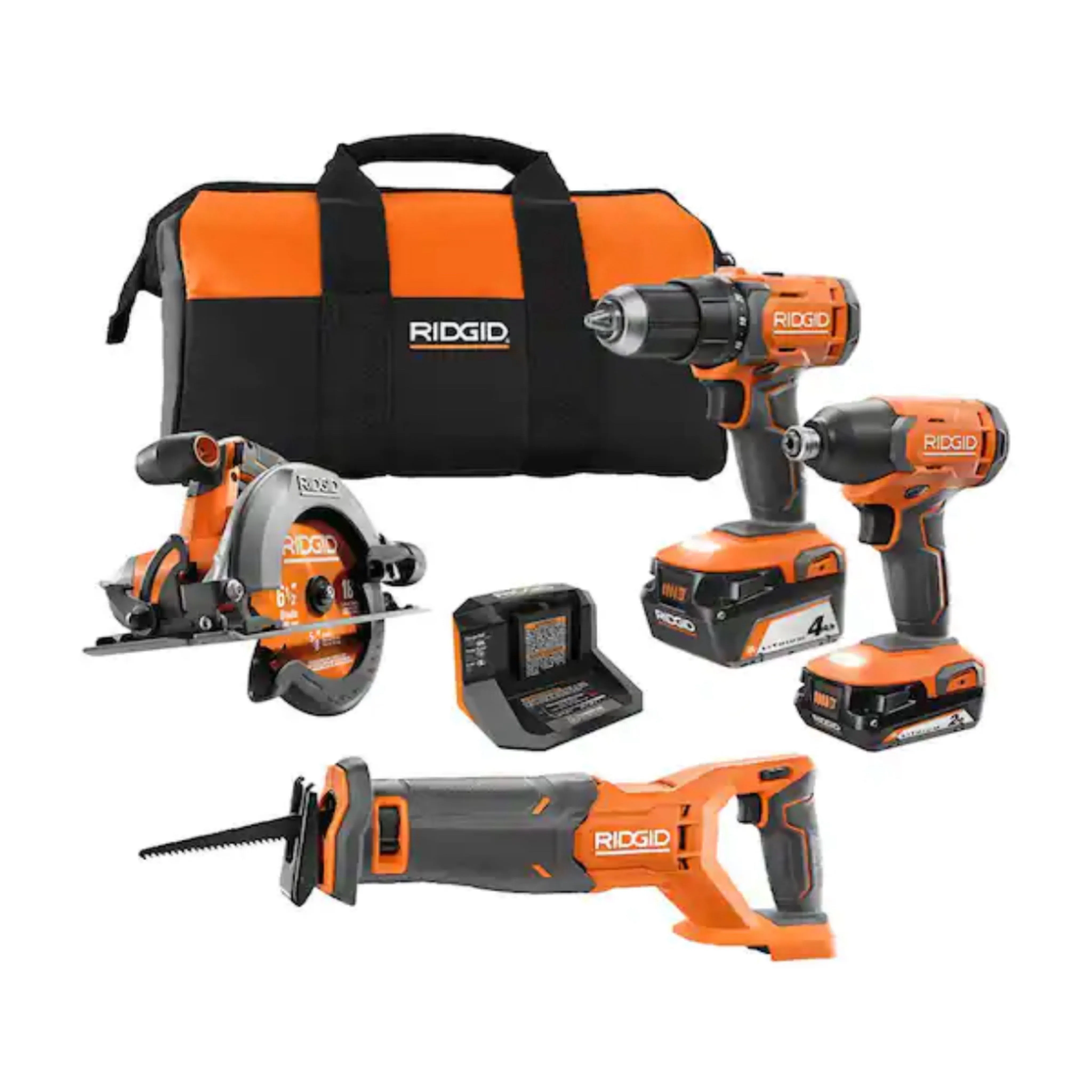 RIDGID 18V Cordless 4-Tool Combo Kit with (1) 4.0 Ah Battery, (1) 2.0 Ah Battery, Charger, and Bag