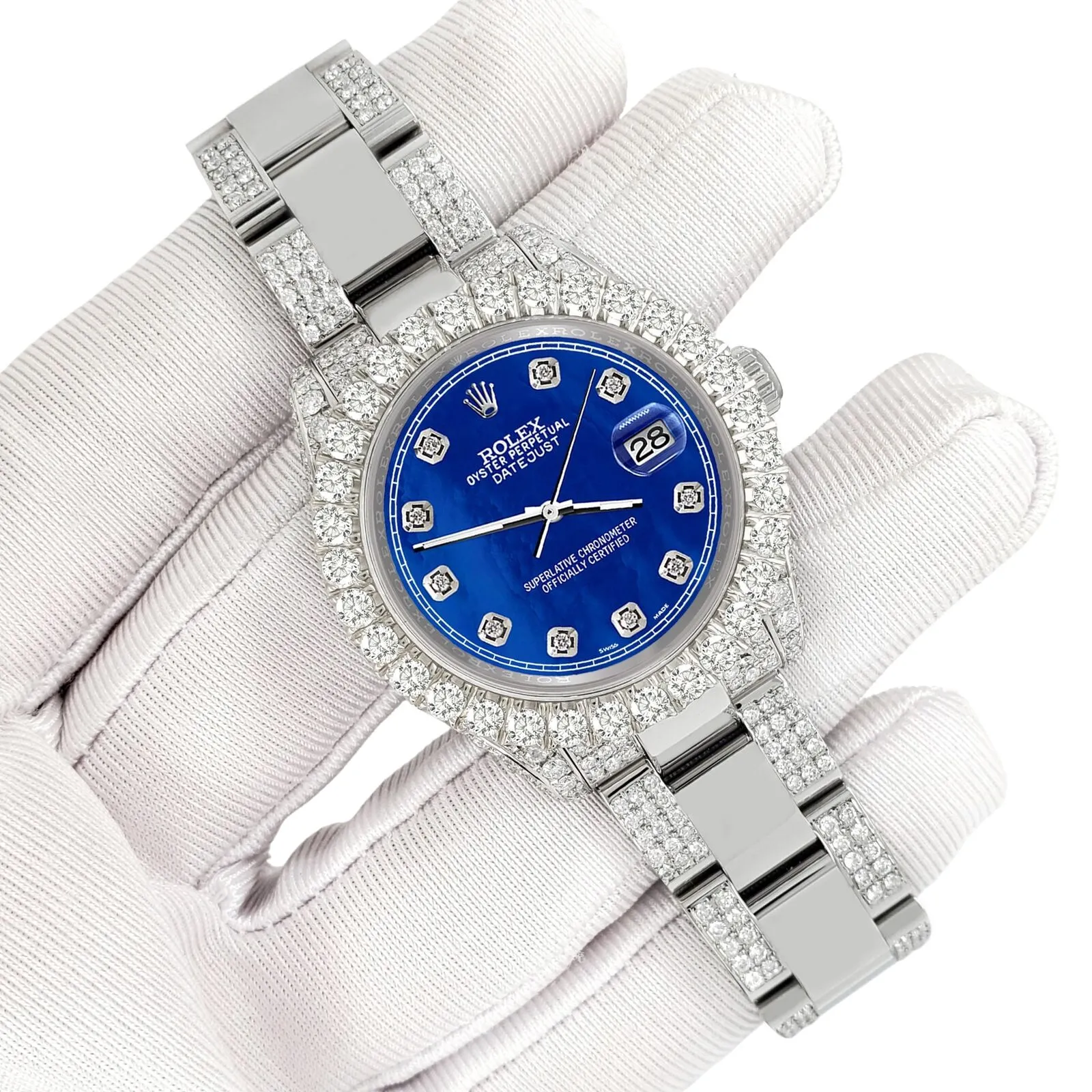 Rolex Datejust 31mm Pave 7.2ct Iced Diamond Royal Blue MOP Track Watch  TFJ-142508462