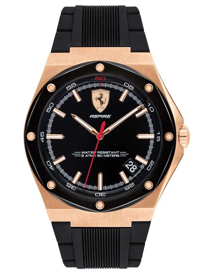 Scuderia Ferrari Aspire Watch - Rose Gold-Tone - Black Dial - Date - Silicone