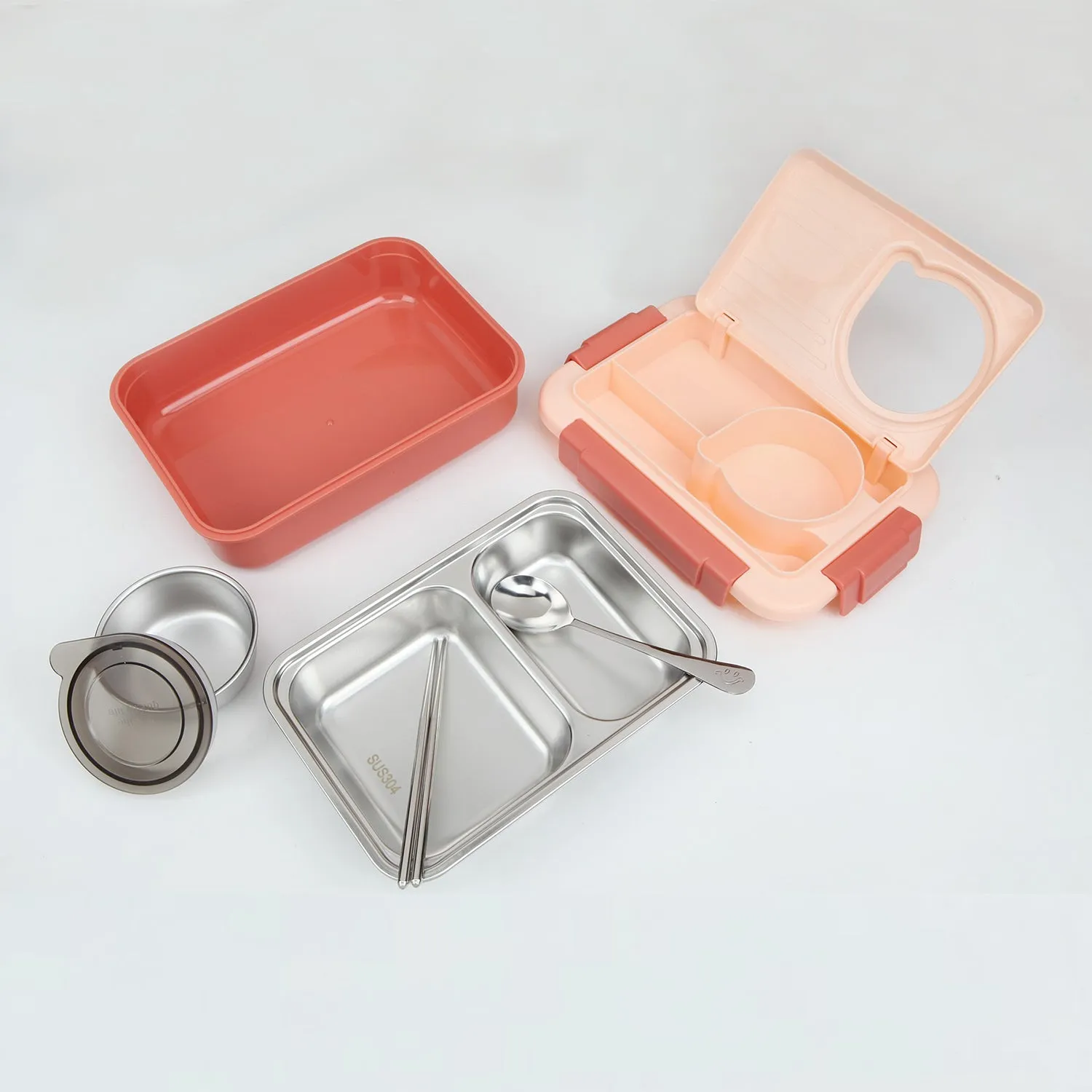 TRIPLE COMPARTMENT LUNCH BOX WITH STEEL SPOON & CHOP-STICKS - RED