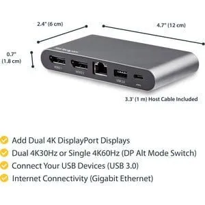 USB-C Multiport Adapter - Dual-Monitor - Windows - USB-C to Dual 4K DisplayPort Adapter - 2x USB-A Ports - 100W PD 3.0 - GbE