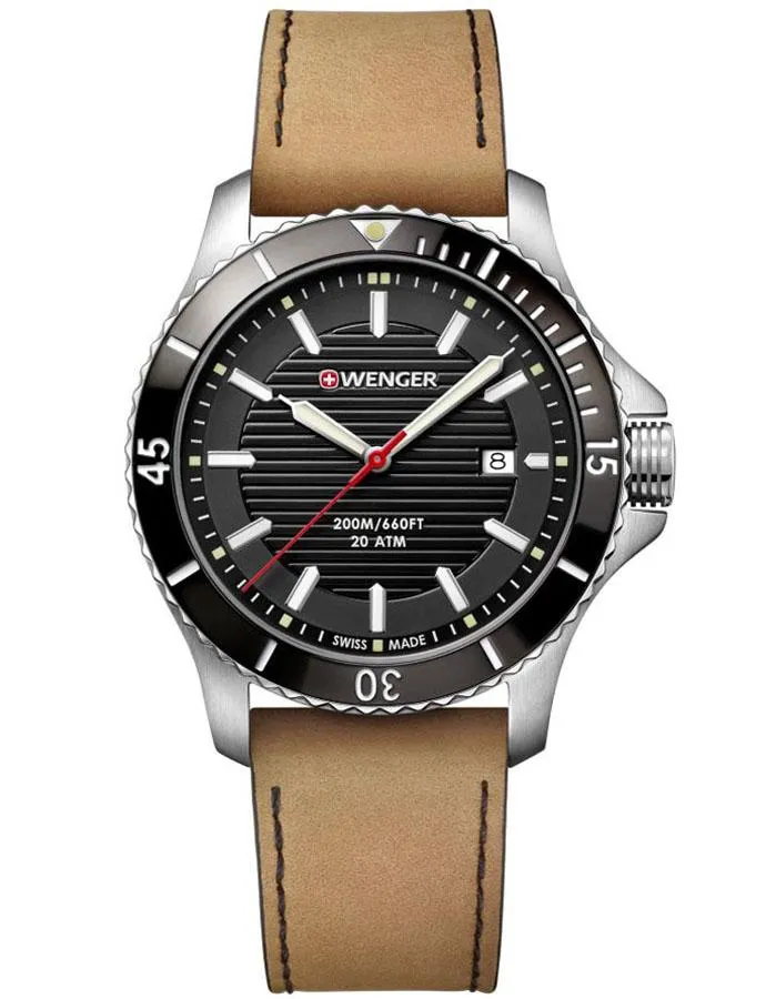 Wenger Seaforce Mens Watch - Tan Leather Strap - Black Dial - Date - 200m